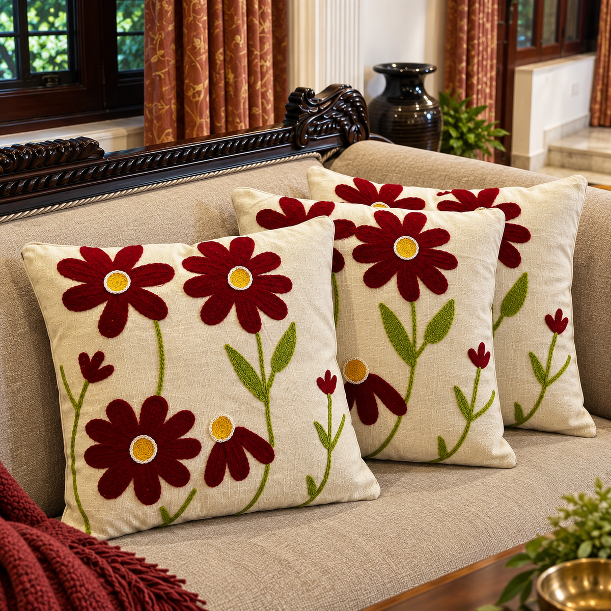 Aabha Handloom Embroidered Floral Cushion Cover
