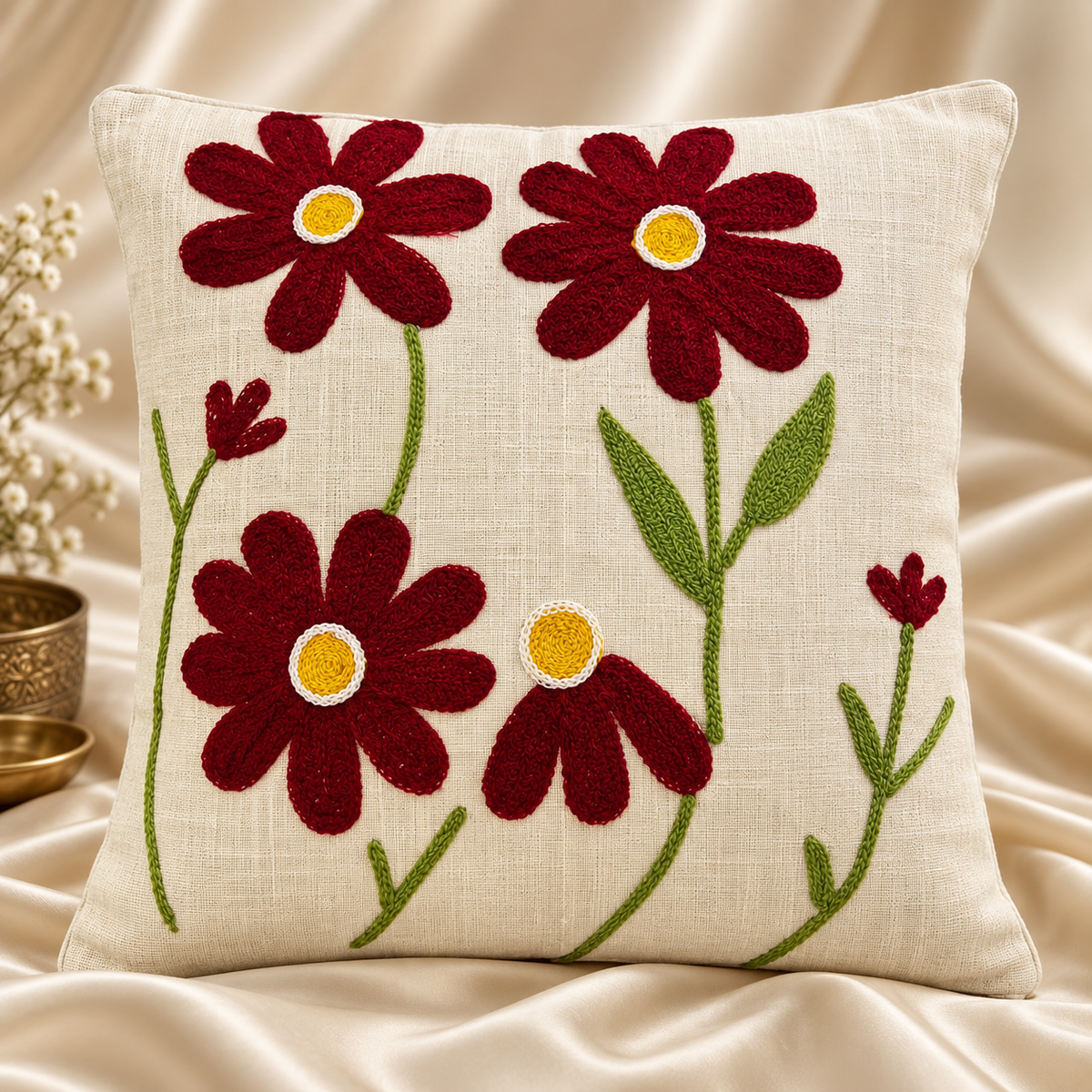 Aabha Handloom Embroidered Floral Cushion Cover