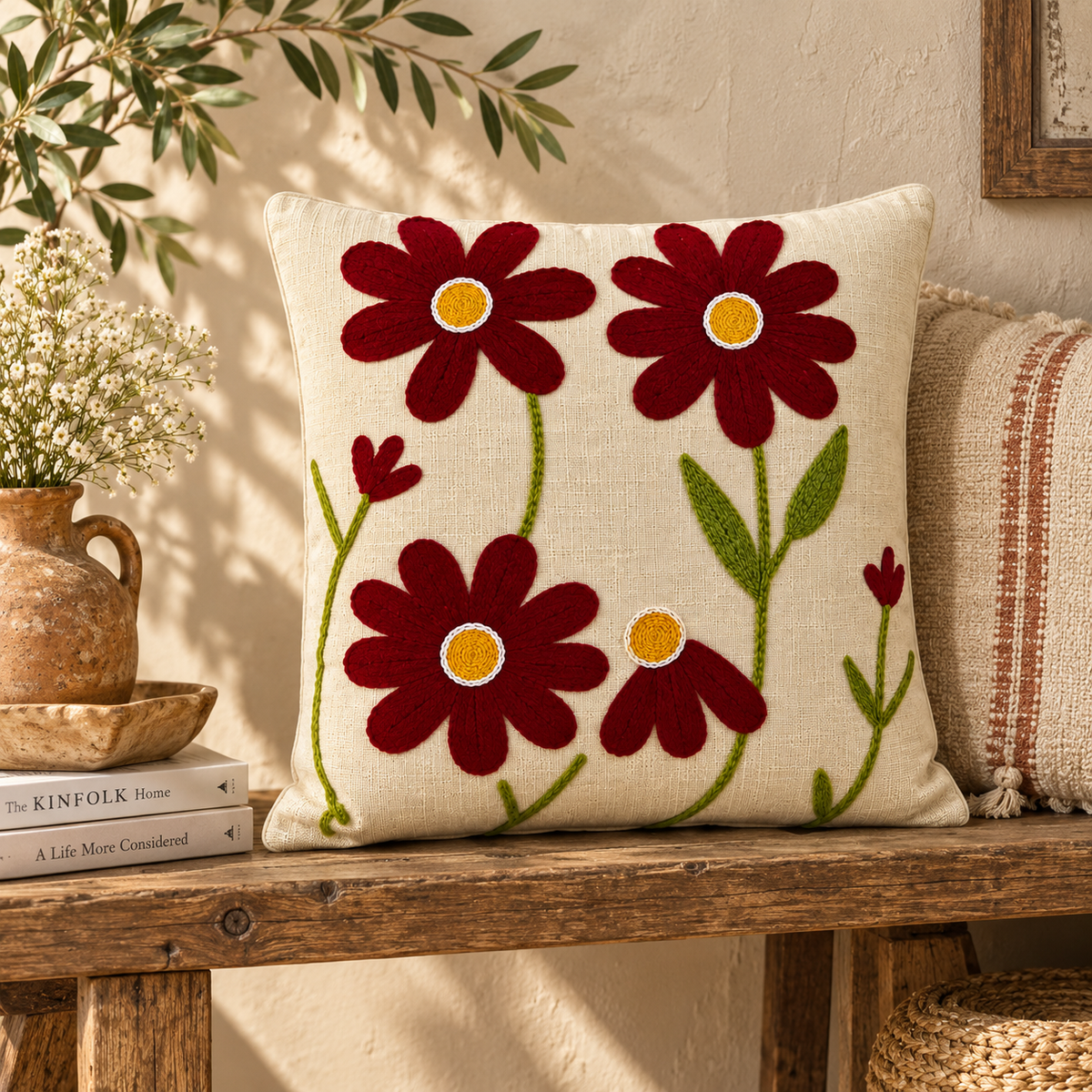 Aabha Handloom Embroidered Floral Cushion Cover