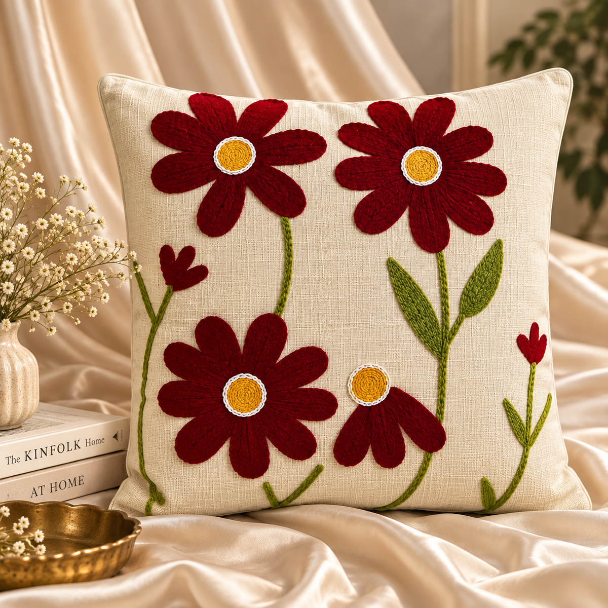 Aabha Handloom Embroidered Floral Cushion Cover