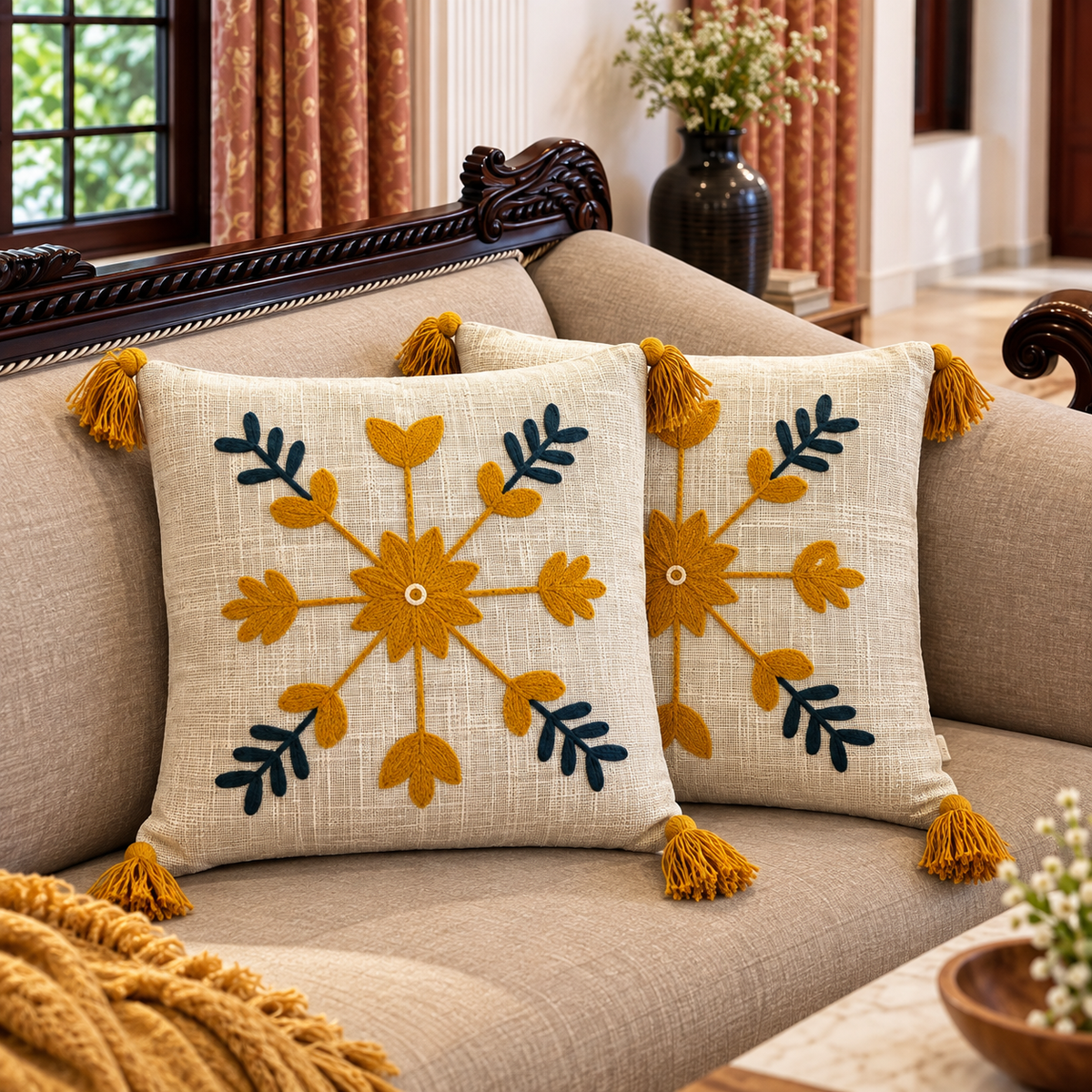 Saanvi Handloom Embroidered Floral Cushion Cover