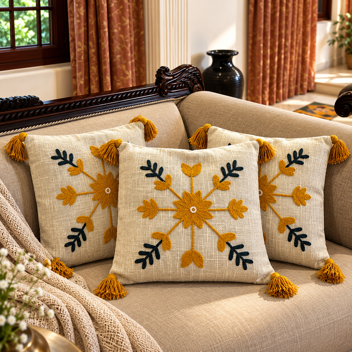 Saanvi Handloom Embroidered Floral Cushion Cover