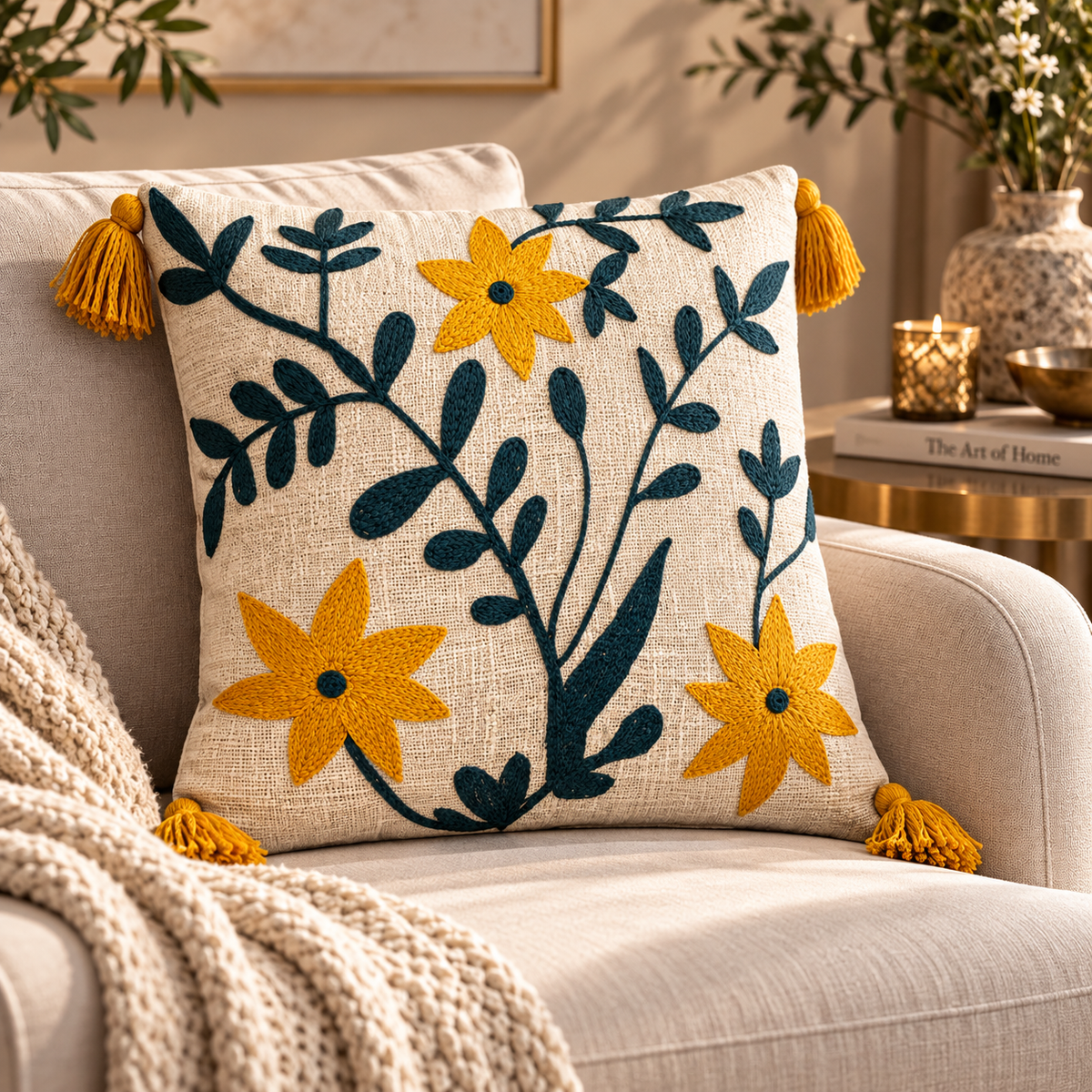 Solenne  Handloom Wildflower Embroidered Cushion Cover