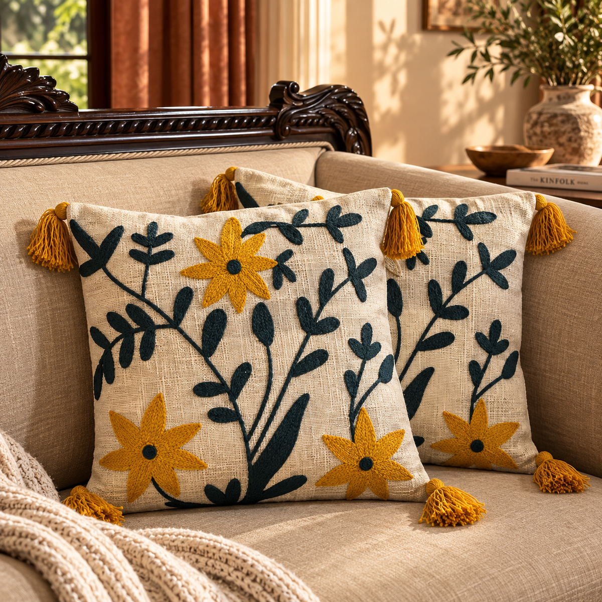 Solenne  Handloom Wildflower Embroidered Cushion Cover
