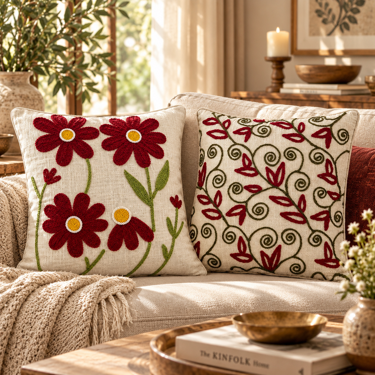 Roselle Handloom Embroidered Cushion Cover Set of 2