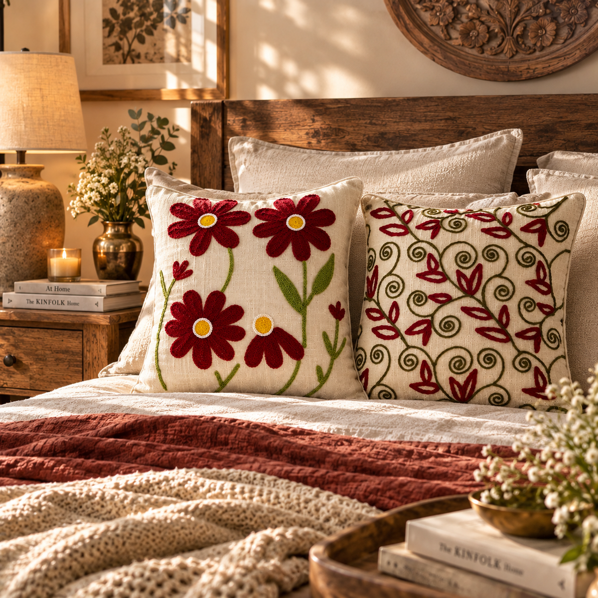 Roselle Handloom Embroidered Cushion Cover Set of 2