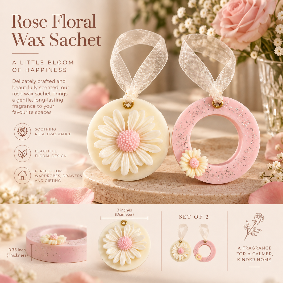 Roselle Rose Scented Wax Sachet Set of 2