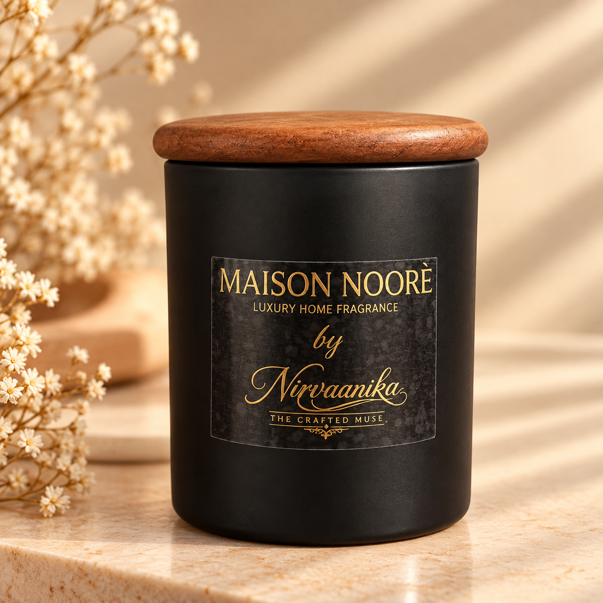 Élan White Musk Scented Black Jar Candle with Wooden Lid
