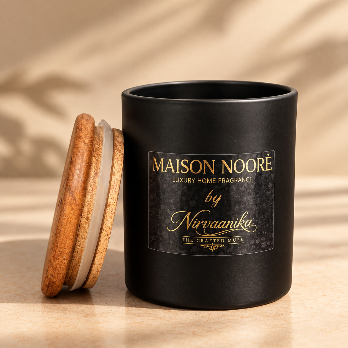 Élan White Musk Scented Black Jar Candle with Wooden Lid