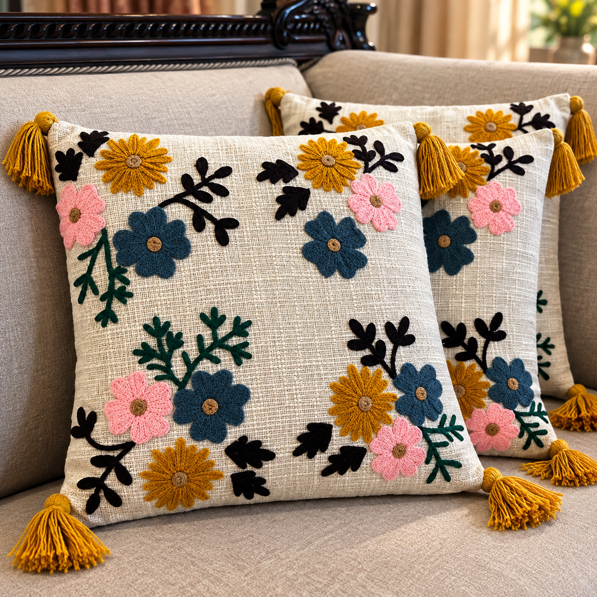 Ishira Handloom Embroidered Floral Cushion Cover