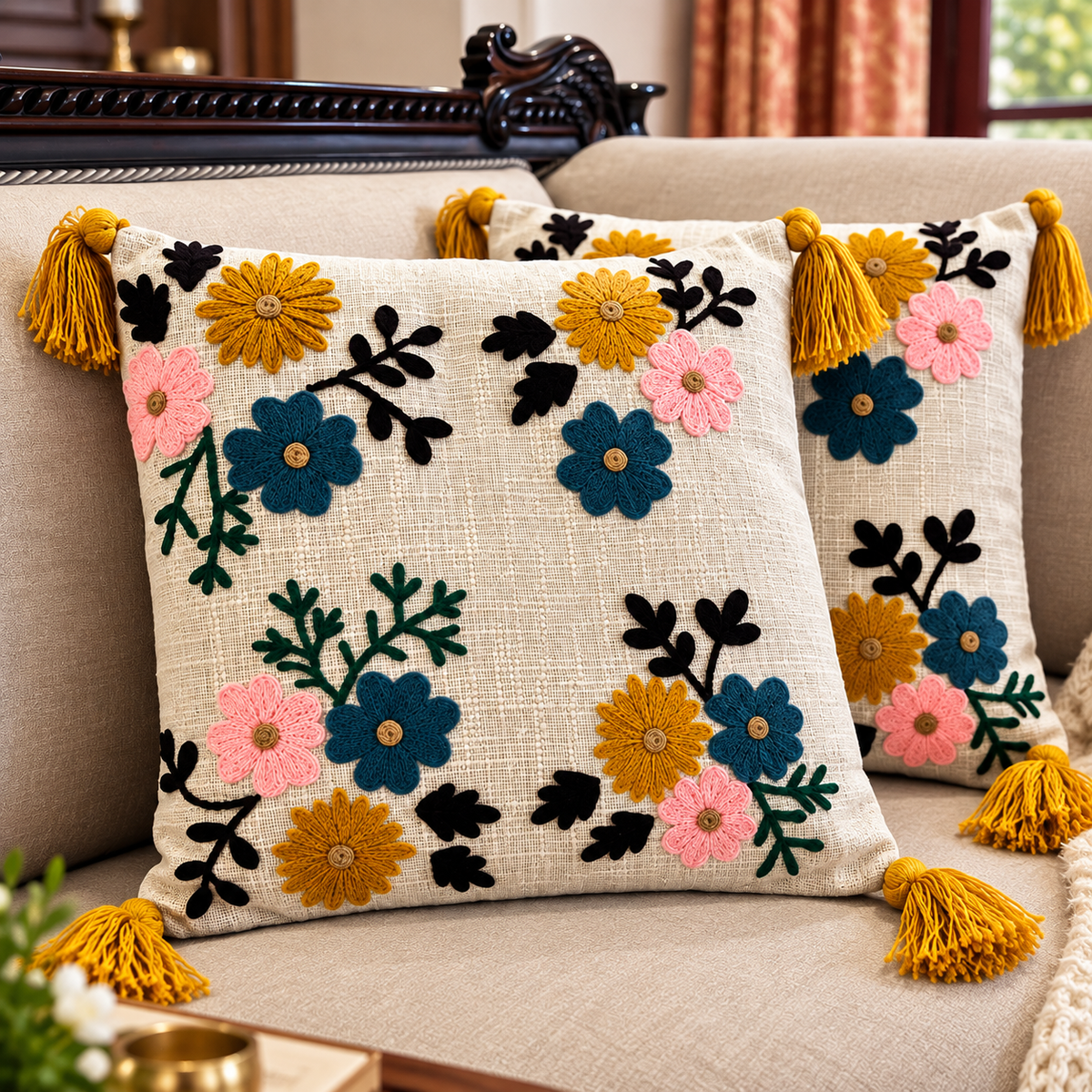 Ishira Handloom Embroidered Floral Cushion Cover