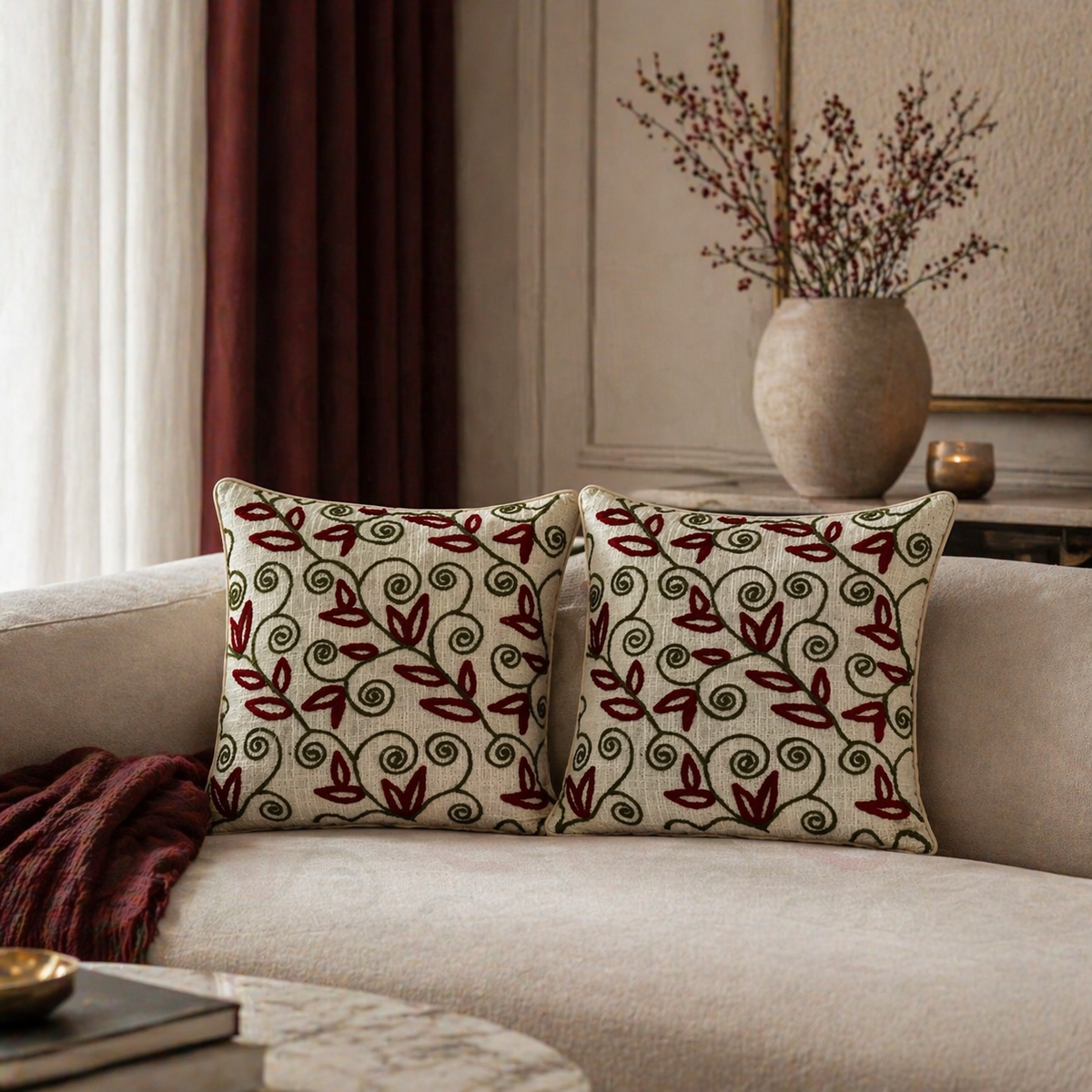 Gulnaar Handloom Embroidered Floral Cushion Cover