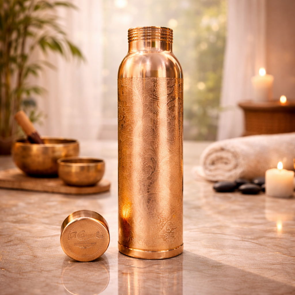 Meher Handcrafted Floral-Engraved Pure Copper Bottle