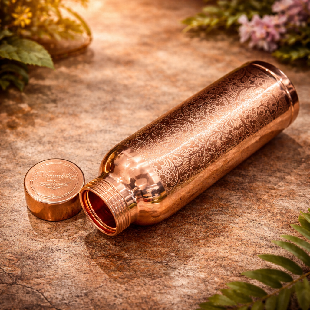 Meher Handcrafted Floral-Engraved Pure Copper Bottle