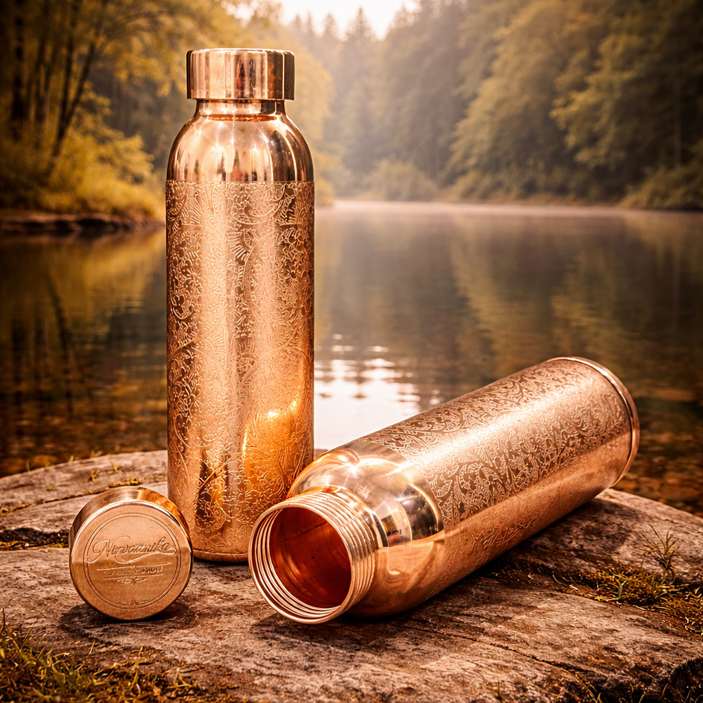 Meher Handcrafted Floral-Engraved Pure Copper Bottle