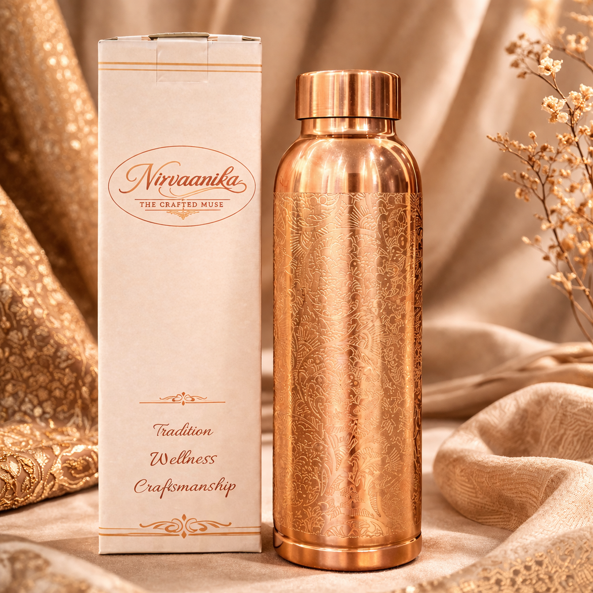 Meher Handcrafted Floral-Engraved Pure Copper Bottle