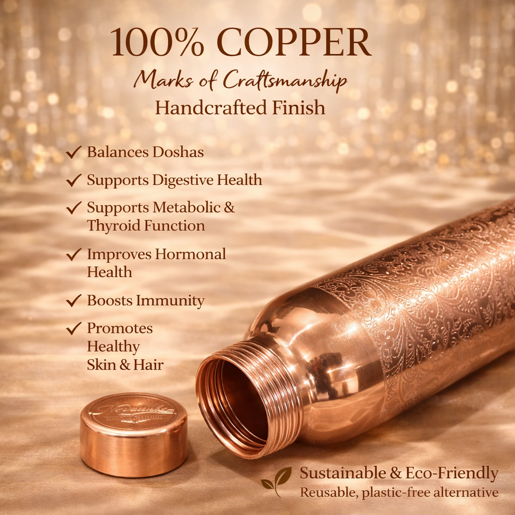 Meher Handcrafted Floral-Engraved Pure Copper Bottle