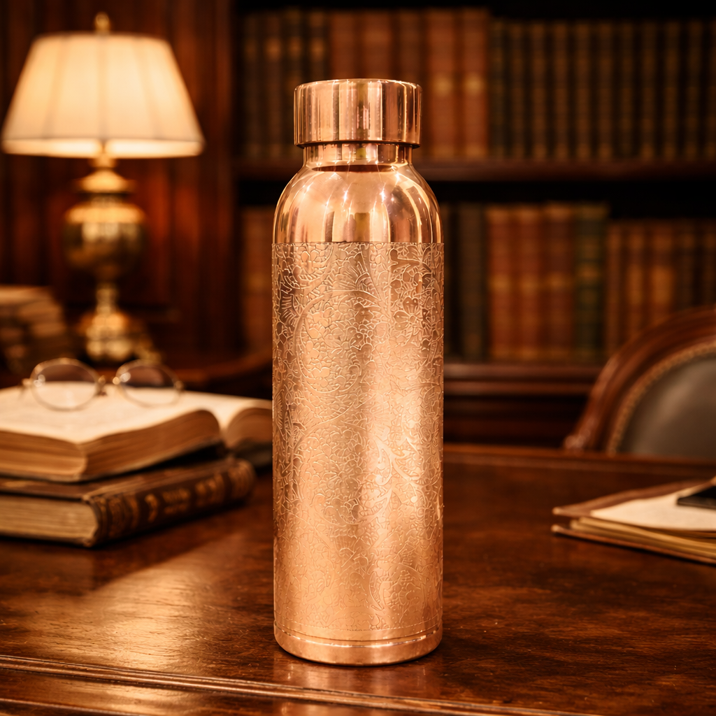 Meher Handcrafted Floral-Engraved Pure Copper Bottle