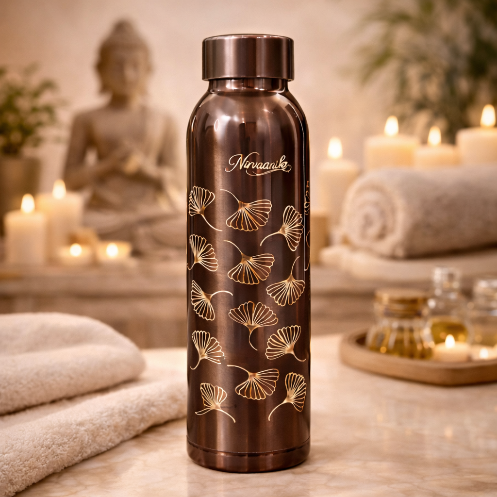 Noor Handcrafted Ginkgo-Engraved Pure Copper Bottle