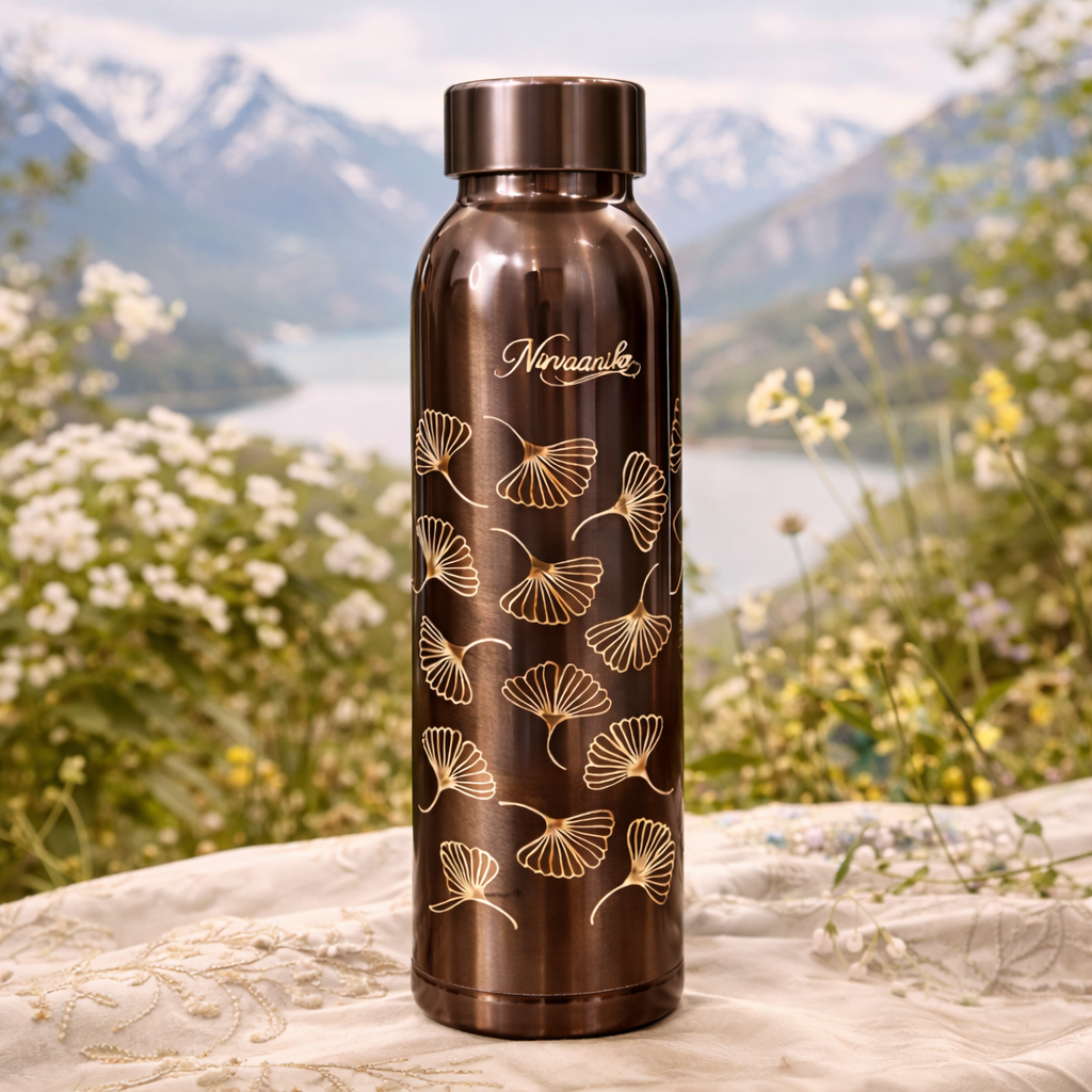 Noor Handcrafted Ginkgo-Engraved Pure Copper Bottle
