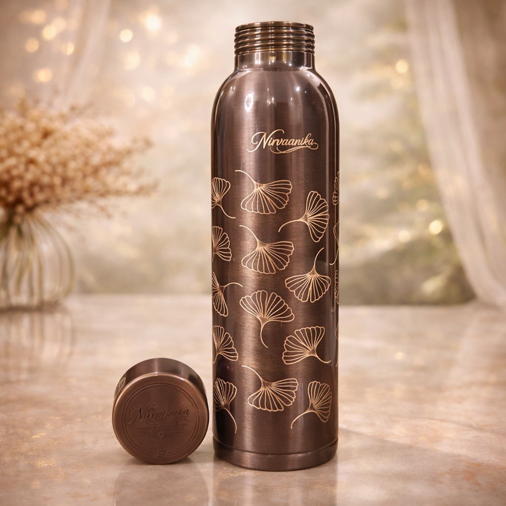 Noor Handcrafted Ginkgo-Engraved Pure Copper Bottle