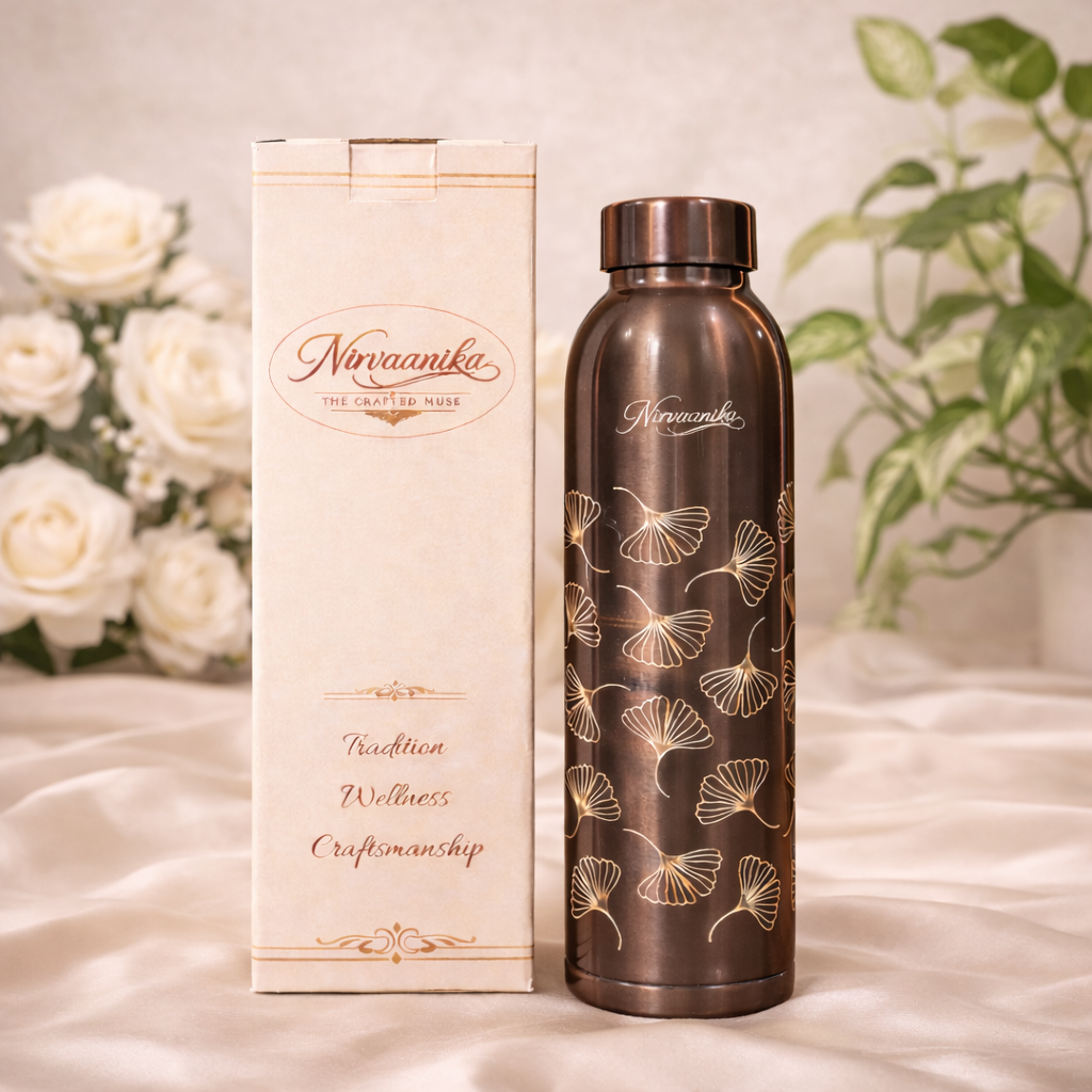 Noor Handcrafted Ginkgo-Engraved Pure Copper Bottle
