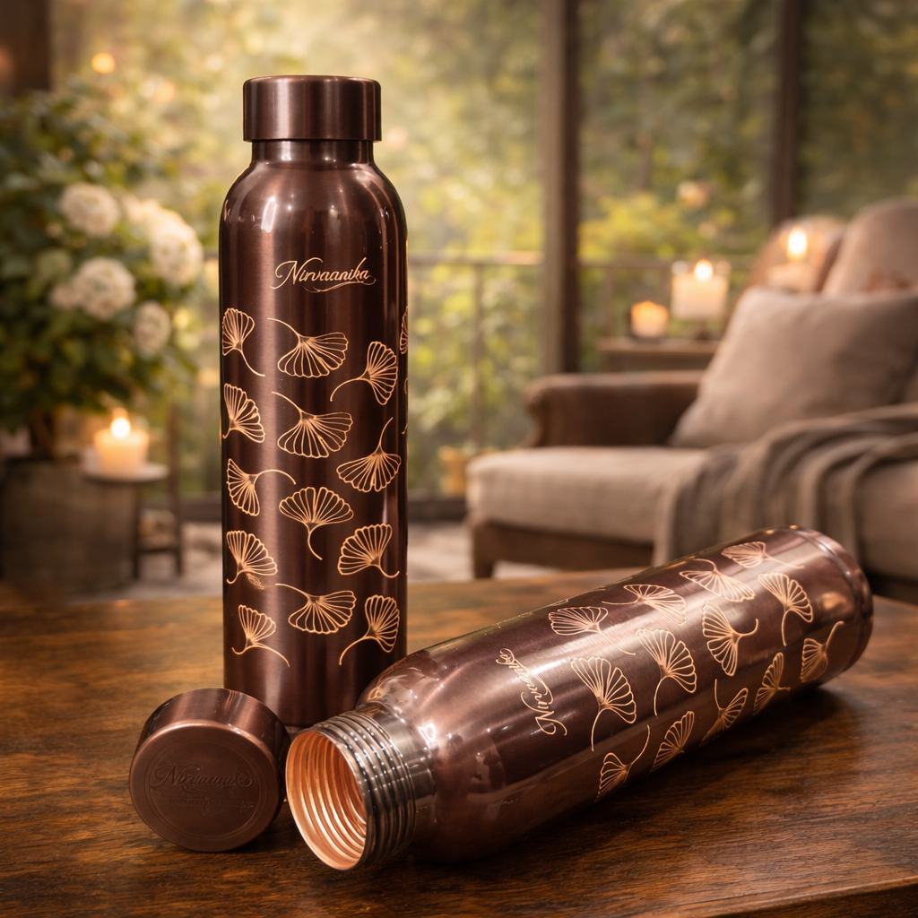 Noor Handcrafted Ginkgo-Engraved Pure Copper Bottle