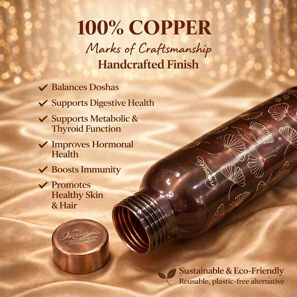 Noor Handcrafted Ginkgo-Engraved Pure Copper Bottle