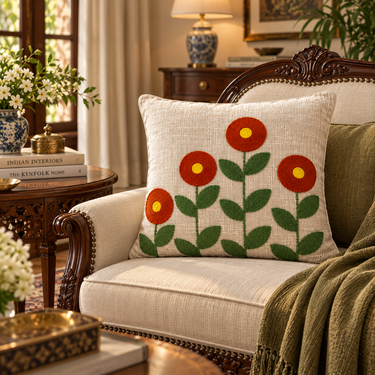 Ruhani Handloom Embroidered Floral Cushion Cover