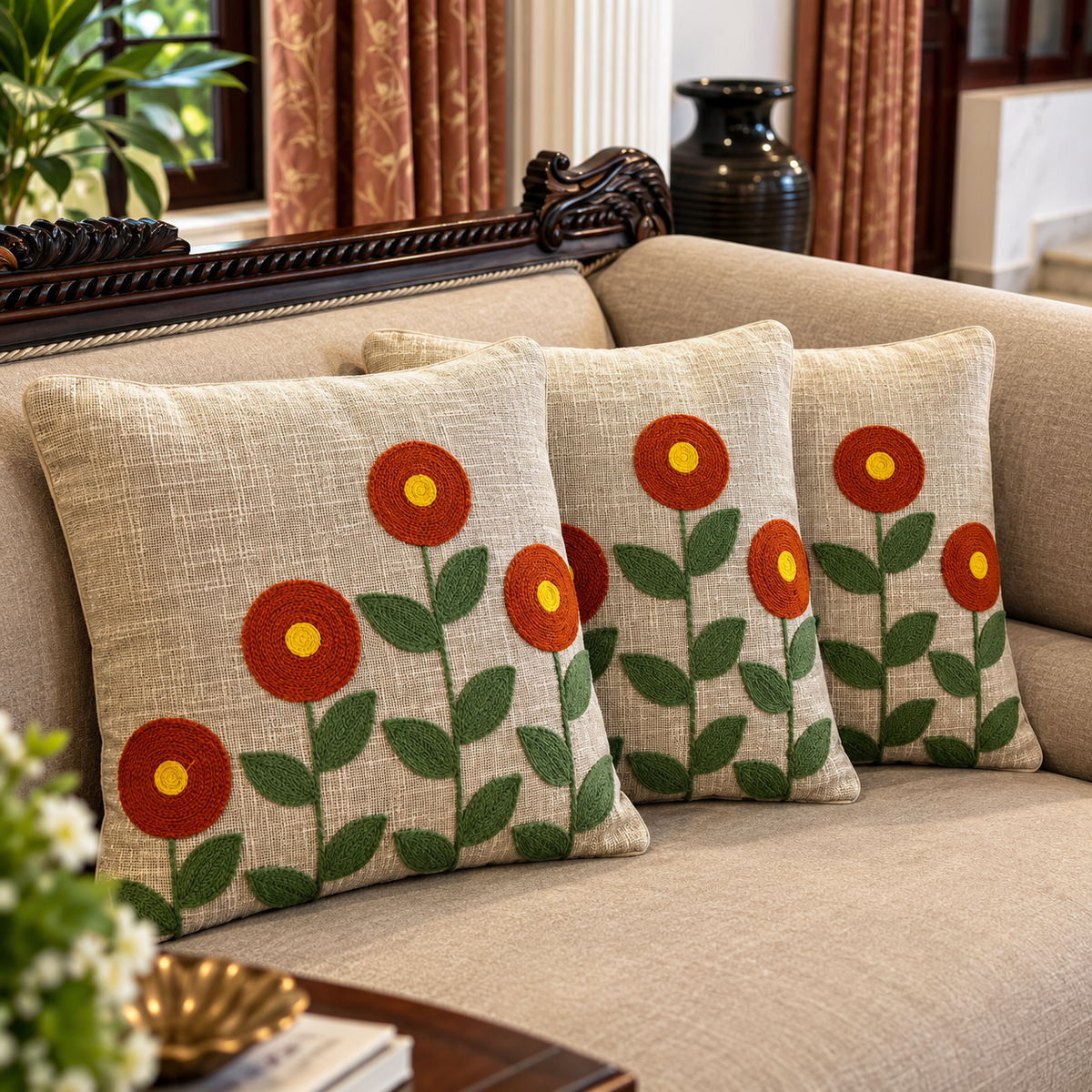 Ruhani Handloom Embroidered Floral Cushion Cover